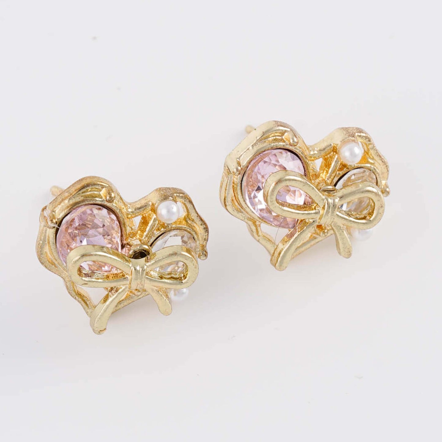 Heart Stud Earrings with Rhinestone Crystal and Bow Design - Gold Plated with Sterling Silver Posts | Anting Stud Wanita