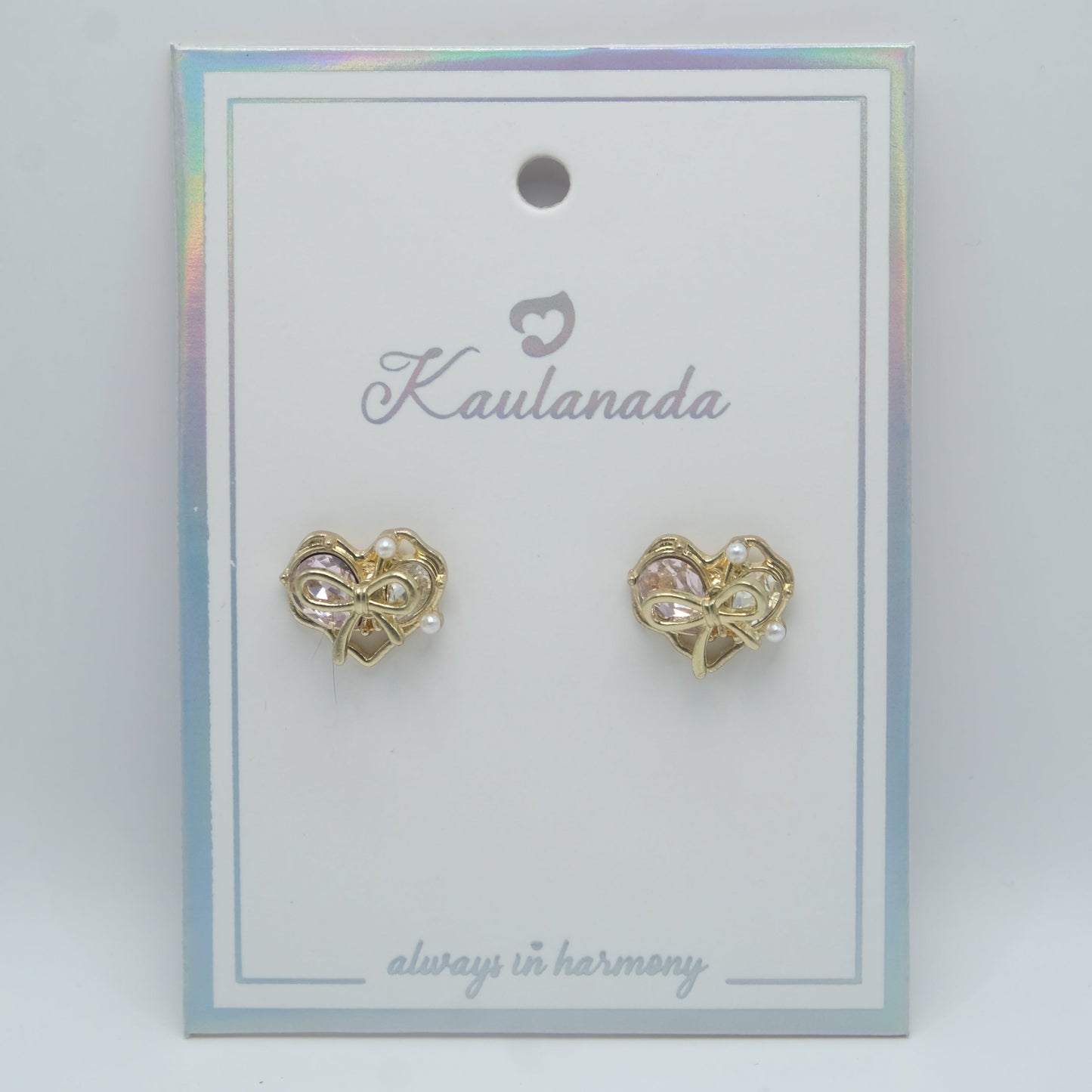 Heart Stud Earrings with Rhinestone Crystal and Bow Design - Gold Plated with Sterling Silver Posts | Anting Stud Wanita