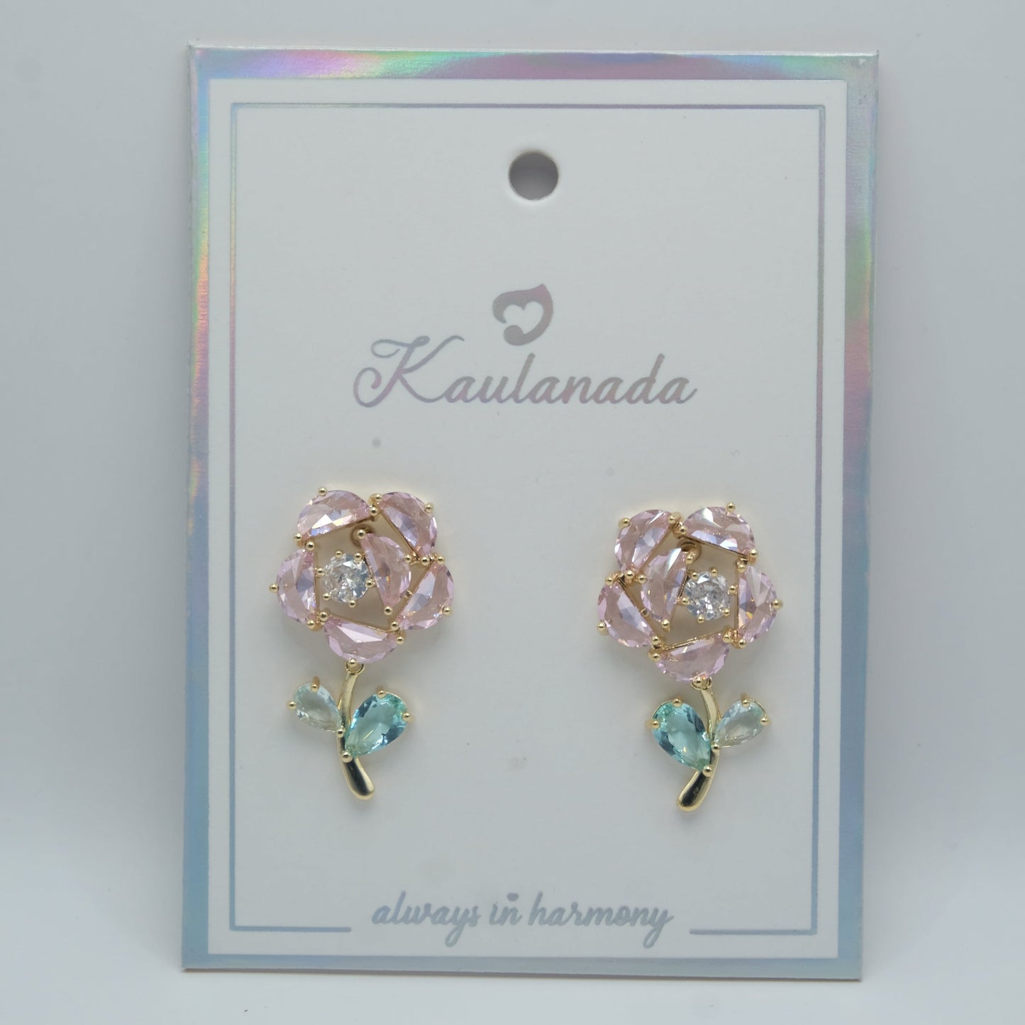 Floral Gemstone Dangle Earrings - Gold Plated with Sparkling Pink Crystals, Aqua Accents, & Rhinestone Fittings - Sterling Silver Posts | Anting Dangle Gantung Wanita