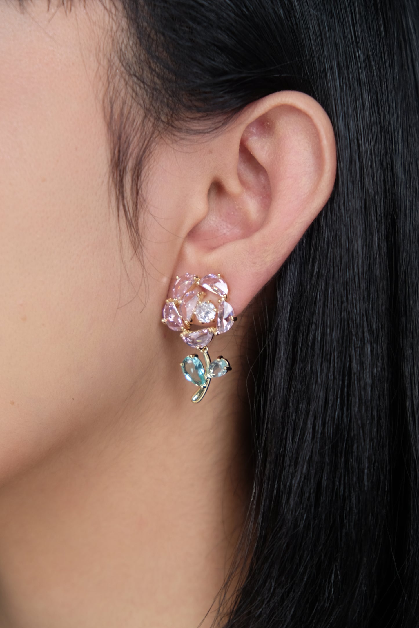 Floral Gemstone Dangle Earrings - Gold Plated with Sparkling Pink Crystals, Aqua Accents, & Rhinestone Fittings - Sterling Silver Posts | Anting Dangle Gantung Wanita