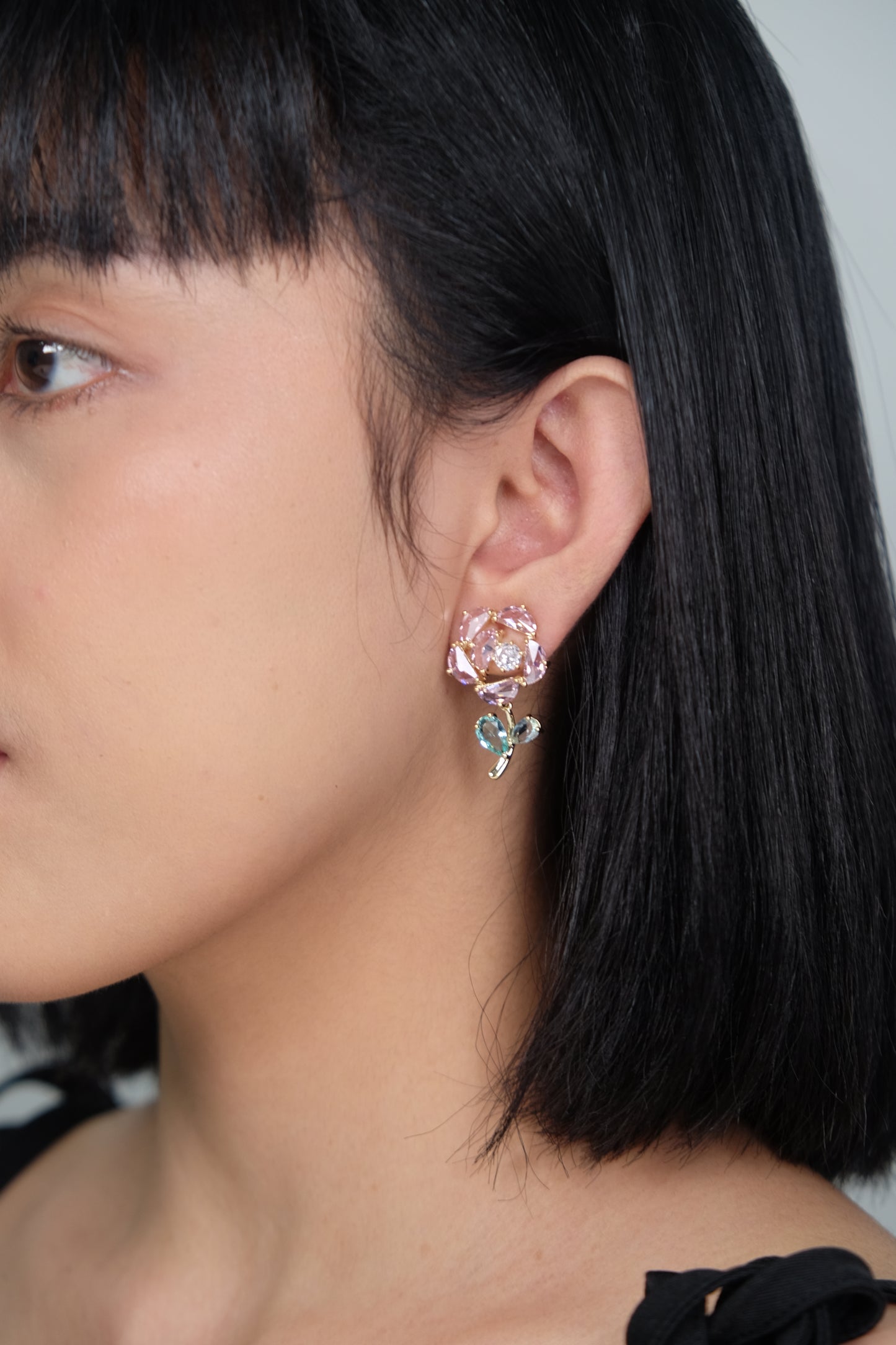 Floral Gemstone Dangle Earrings - Gold Plated with Sparkling Pink Crystals, Aqua Accents, & Rhinestone Fittings - Sterling Silver Posts | Anting Dangle Gantung Wanita