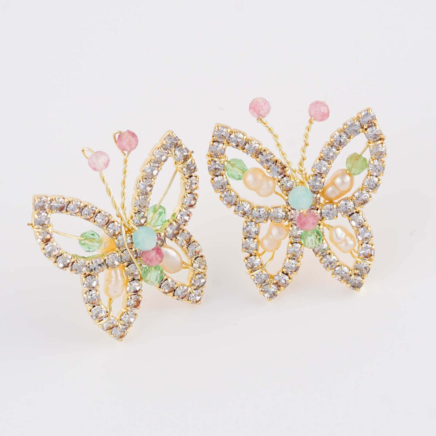 Butterfly Motif Stud Earrings - Gold Plated with Crystal Rhinestone and Faux Pearl Accents, Sterling Silver Posts | Anting Stud Wanita