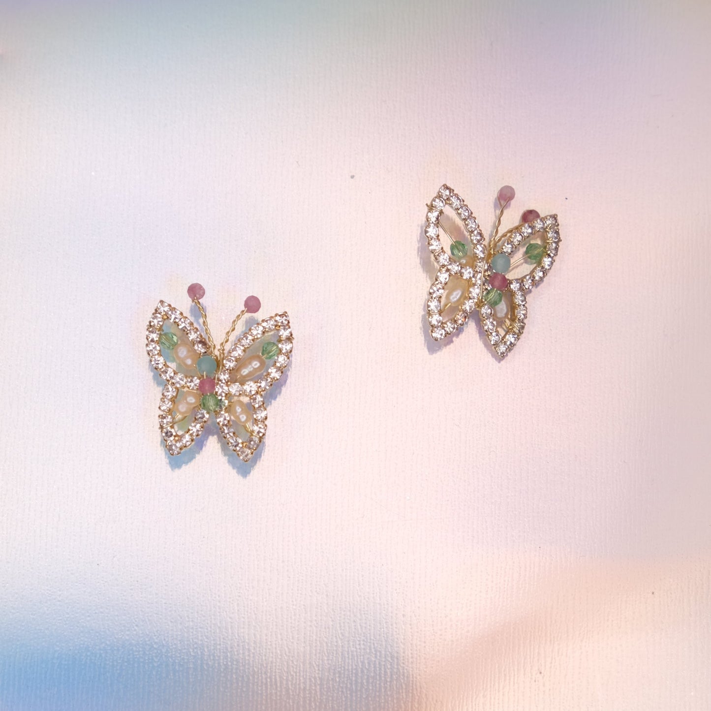 Butterfly Motif Stud Earrings - Gold Plated with Crystal Rhinestone and Faux Pearl Accents, Sterling Silver Posts | Anting Stud Wanita