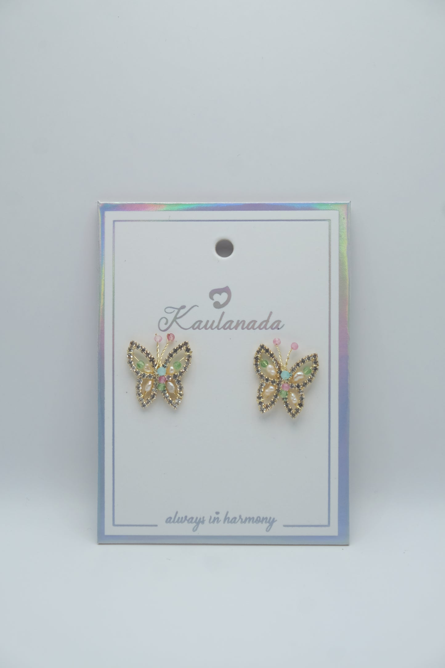 Butterfly Motif Stud Earrings - Gold Plated with Crystal Rhinestone and Faux Pearl Accents, Sterling Silver Posts | Anting Stud Wanita