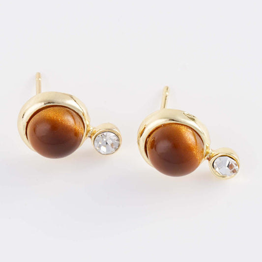 Brown Stone Crystal Rhinestone Accent Stud Earrings - Gold Plated with Sterling Silver Posts | Anting Stud Wanita