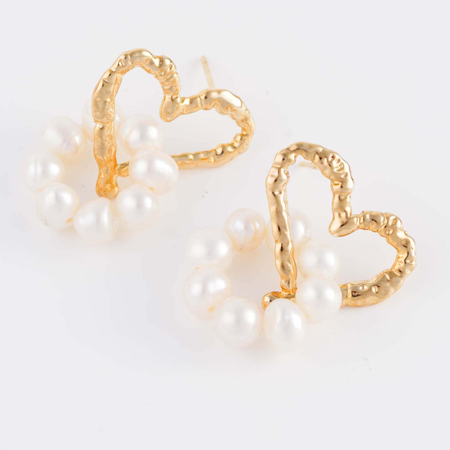 Heart-Shaped Gold Plated Dangle Earrings with Faux Pearls and Sterling Silver Posts | Anting Gantung Wanita Dangle