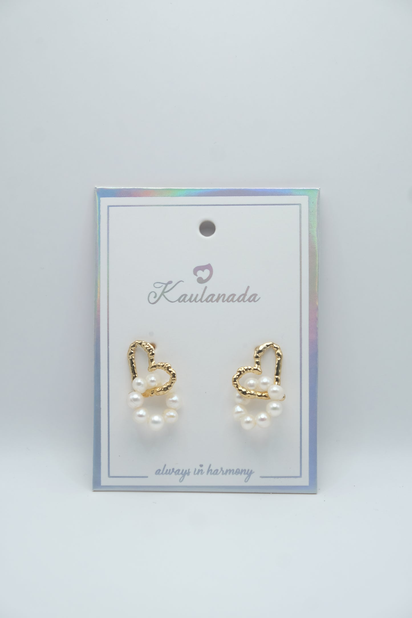 Heart-Shaped Gold Plated Dangle Earrings with Faux Pearls and Sterling Silver Posts | Anting Gantung Wanita Dangle