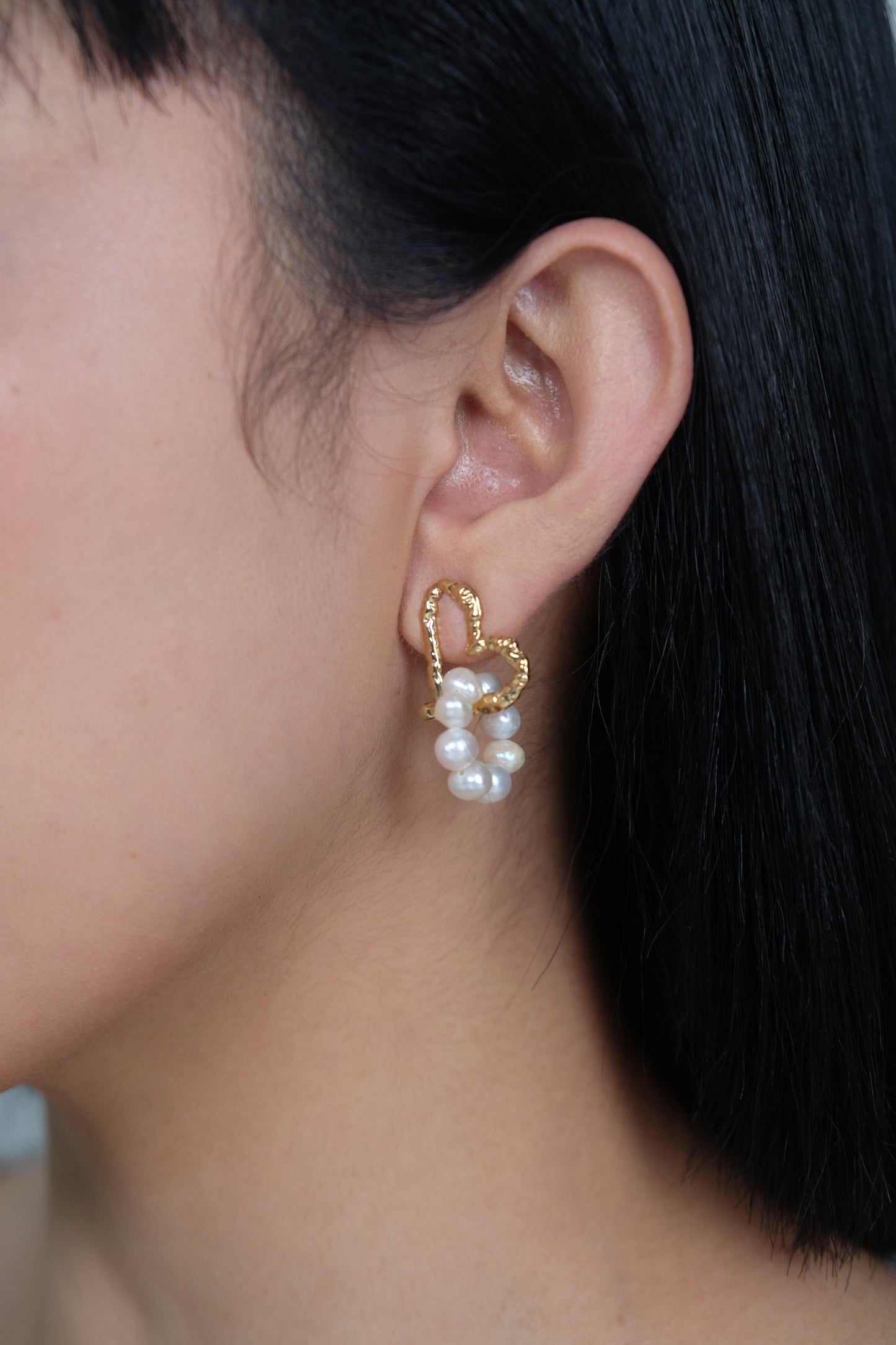 Heart-Shaped Gold Plated Dangle Earrings with Faux Pearls and Sterling Silver Posts | Anting Gantung Wanita Dangle