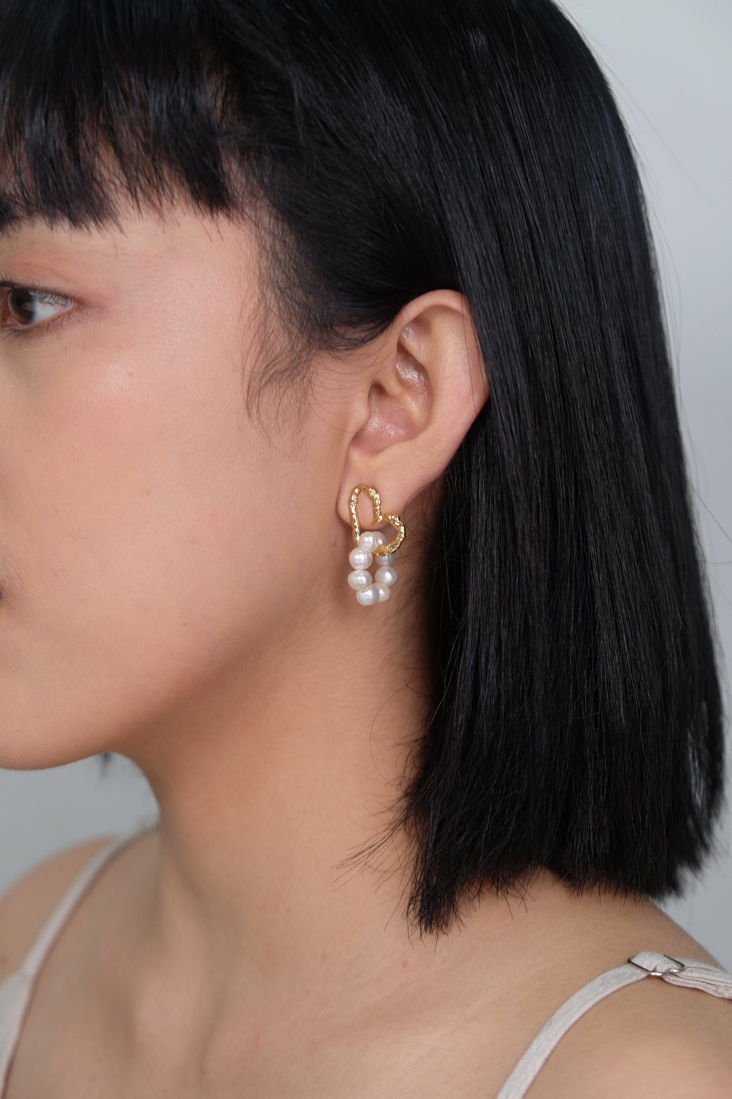 Heart-Shaped Gold Plated Dangle Earrings with Faux Pearls and Sterling Silver Posts | Anting Gantung Wanita Dangle