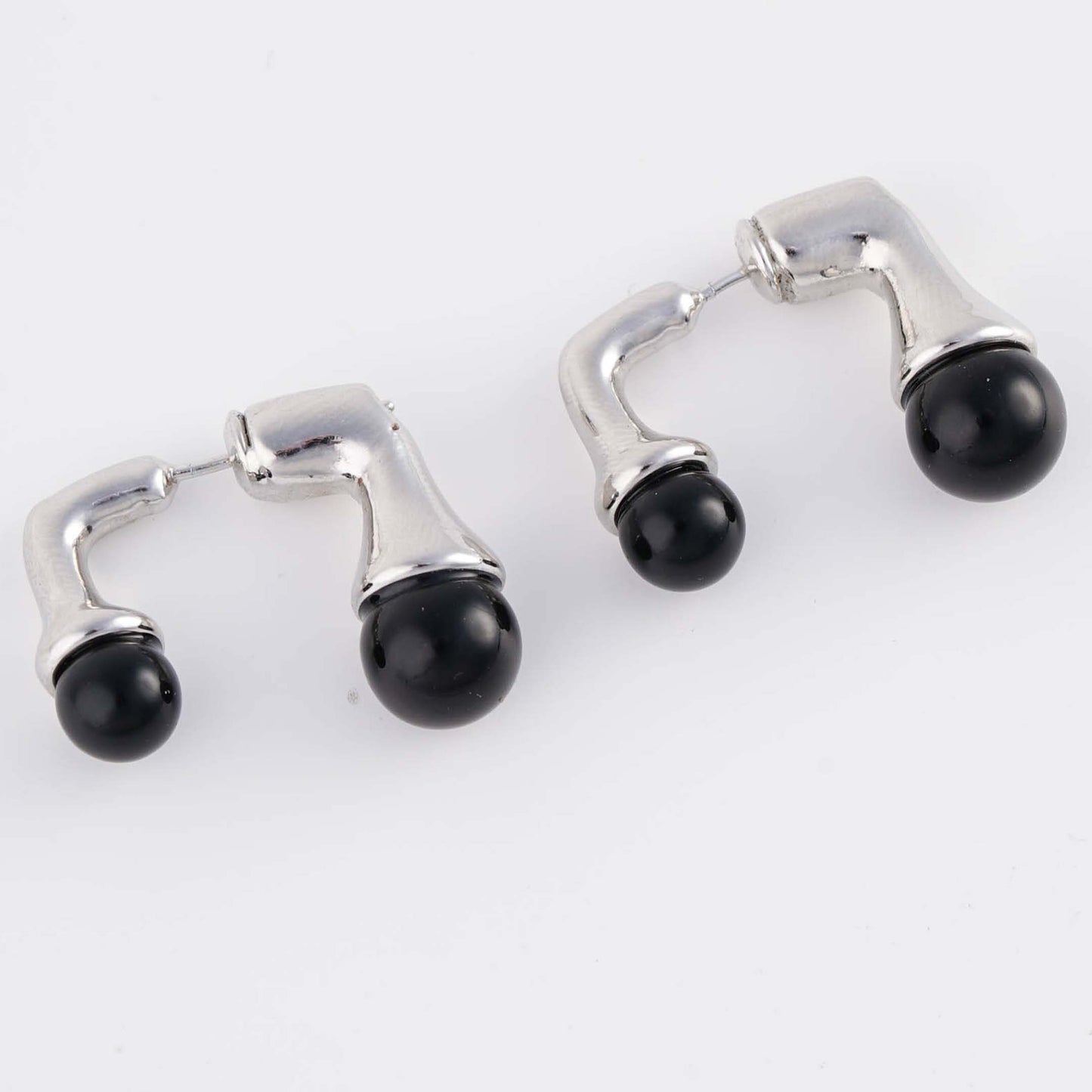 Silver Drop Earrings with Black Spheres - Silver Plated - Sterling Silver Posts | Anting Drop Wanita