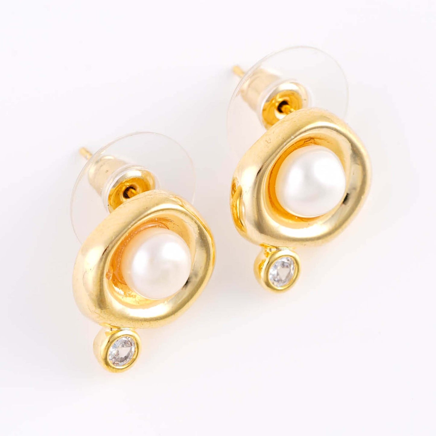 Faux Pearl and Crystal Rhinestone Accent Stud Earrings - Gold Plated with Sterling Silver Posts | Anting Stud Wanita