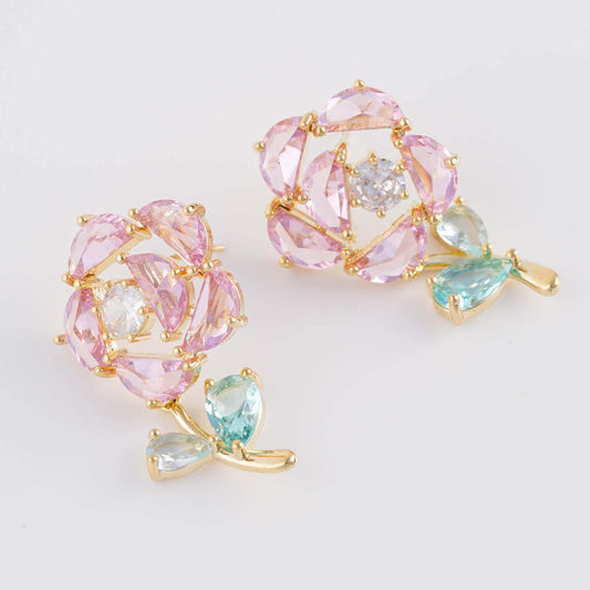 Floral Gemstone Dangle Earrings - Gold Plated with Sparkling Pink Crystals, Aqua Accents, & Rhinestone Fittings - Sterling Silver Posts | Anting Dangle Gantung Wanita