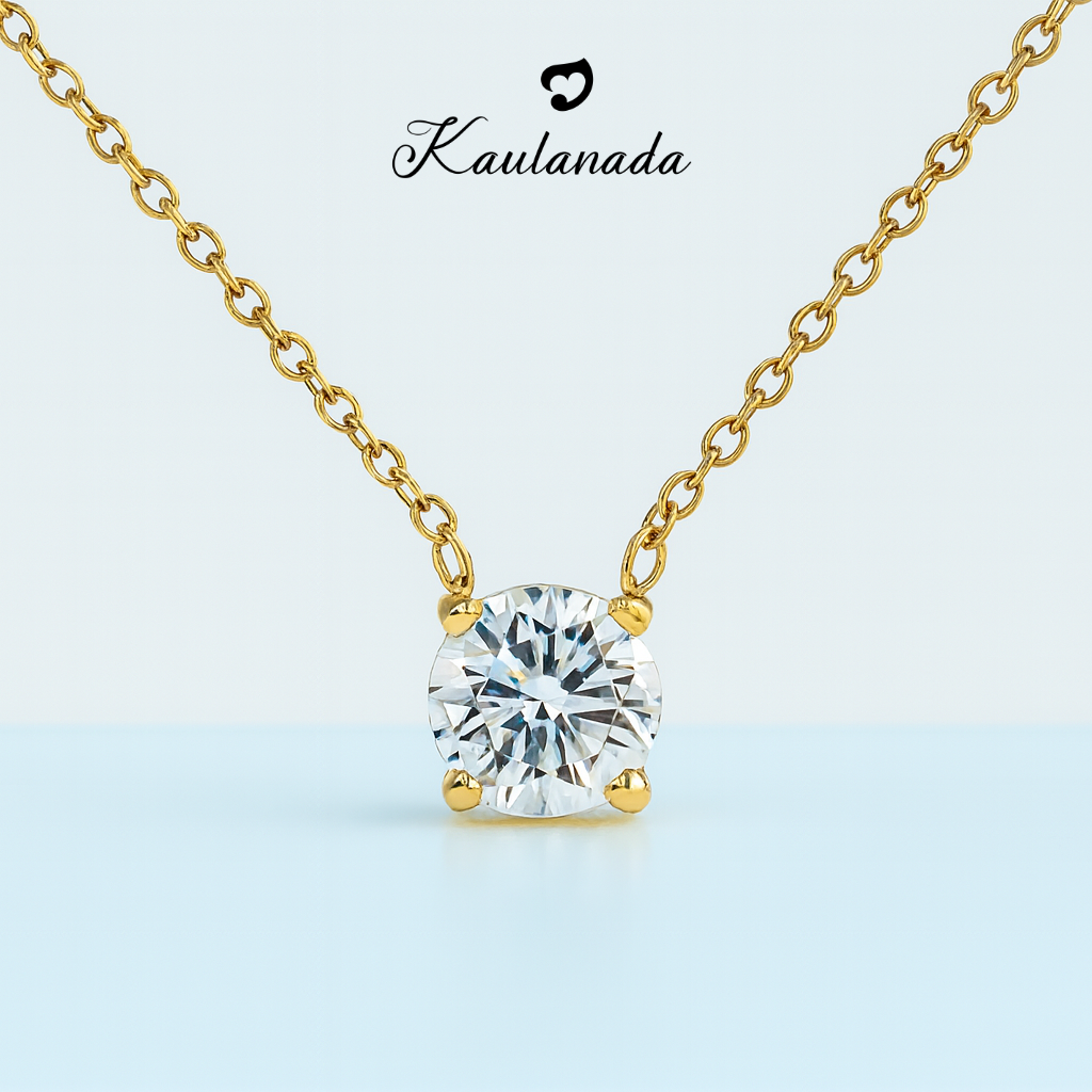 Kaulanada Kalung Wanita Zircon Solitaire (7mm) Emas Gold Plated | Pendant Necklace Simple Elegan | Gold / Silver / Rose Gold