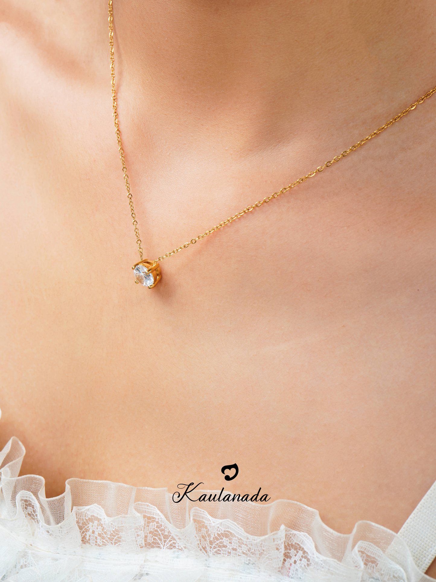 Kaulanada Kalung Wanita Zircon Solitaire (7mm) Emas Gold Plated | Pendant Necklace Simple Elegan | Gold / Silver / Rose Gold