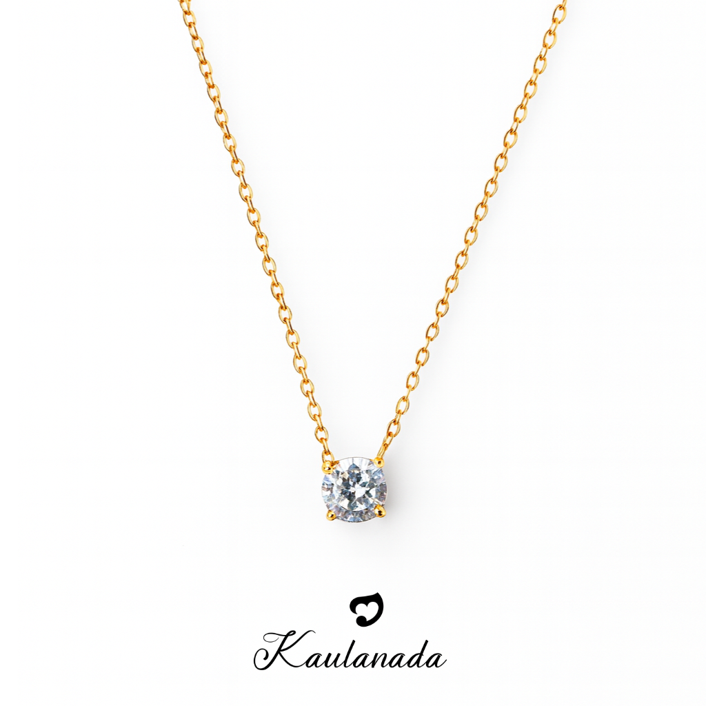 Kaulanada Kalung Wanita Zircon Solitaire (7mm) Emas Gold Plated | Pendant Necklace Simple Elegan | Gold / Silver / Rose Gold