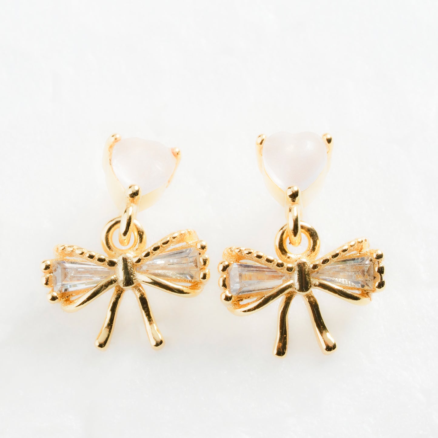 Sterling Silver Zircon Heart Shape Bow Knot Ear Studs with 925 Sterling Silver Posts | Anting Stud Wanita