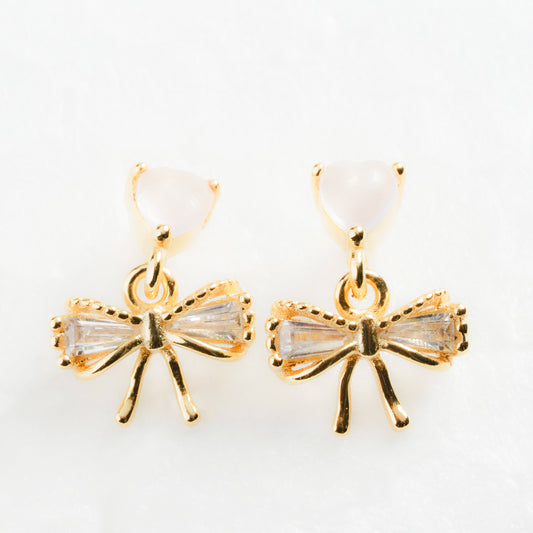 Sterling Silver Zircon Heart Shape Bow Knot Ear Studs with 925 Sterling Silver Posts | Anting Stud Wanita